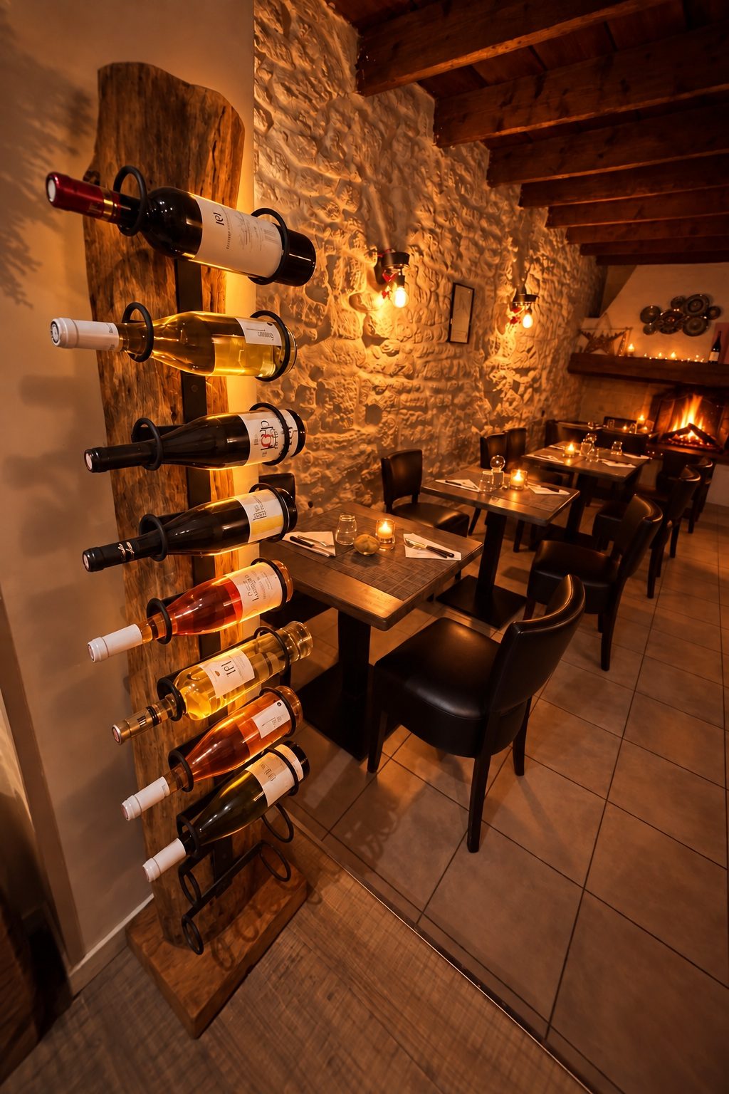 Le mur de vins le soir