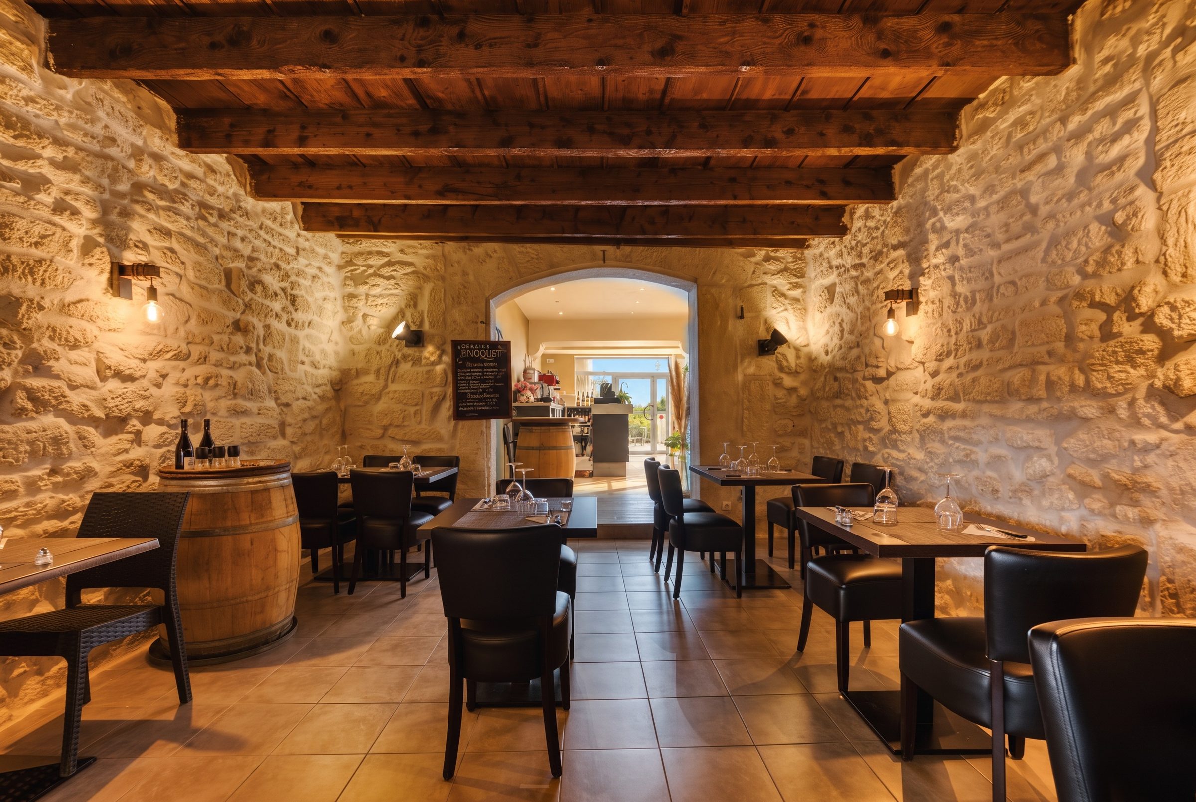 La salle en pierre en journée, vue vers le bar